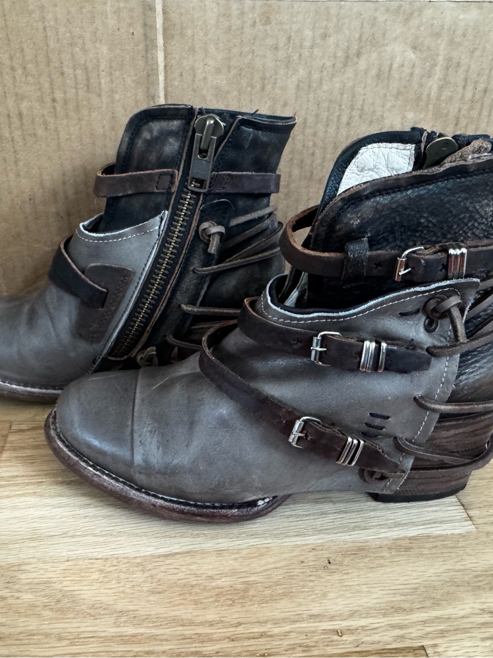 Freebird Cure Distressed Grey/Brown Leather Buckle Ankle Boots